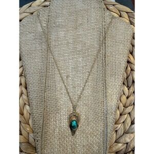 Vintage 12K Gold Filled Teal Green Cabochon Modernist Pendant Necklace 20in